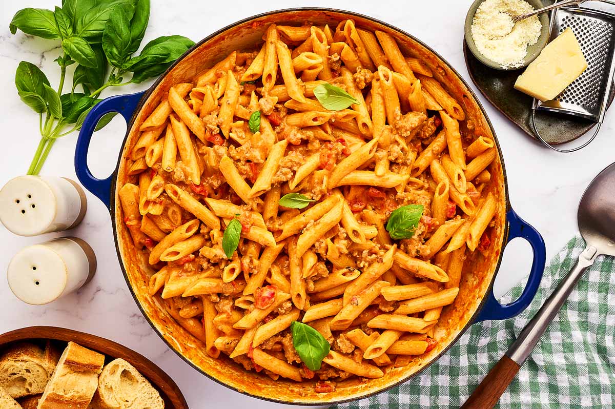 Serving Italian Sausage and Peppers pasta from the pan.