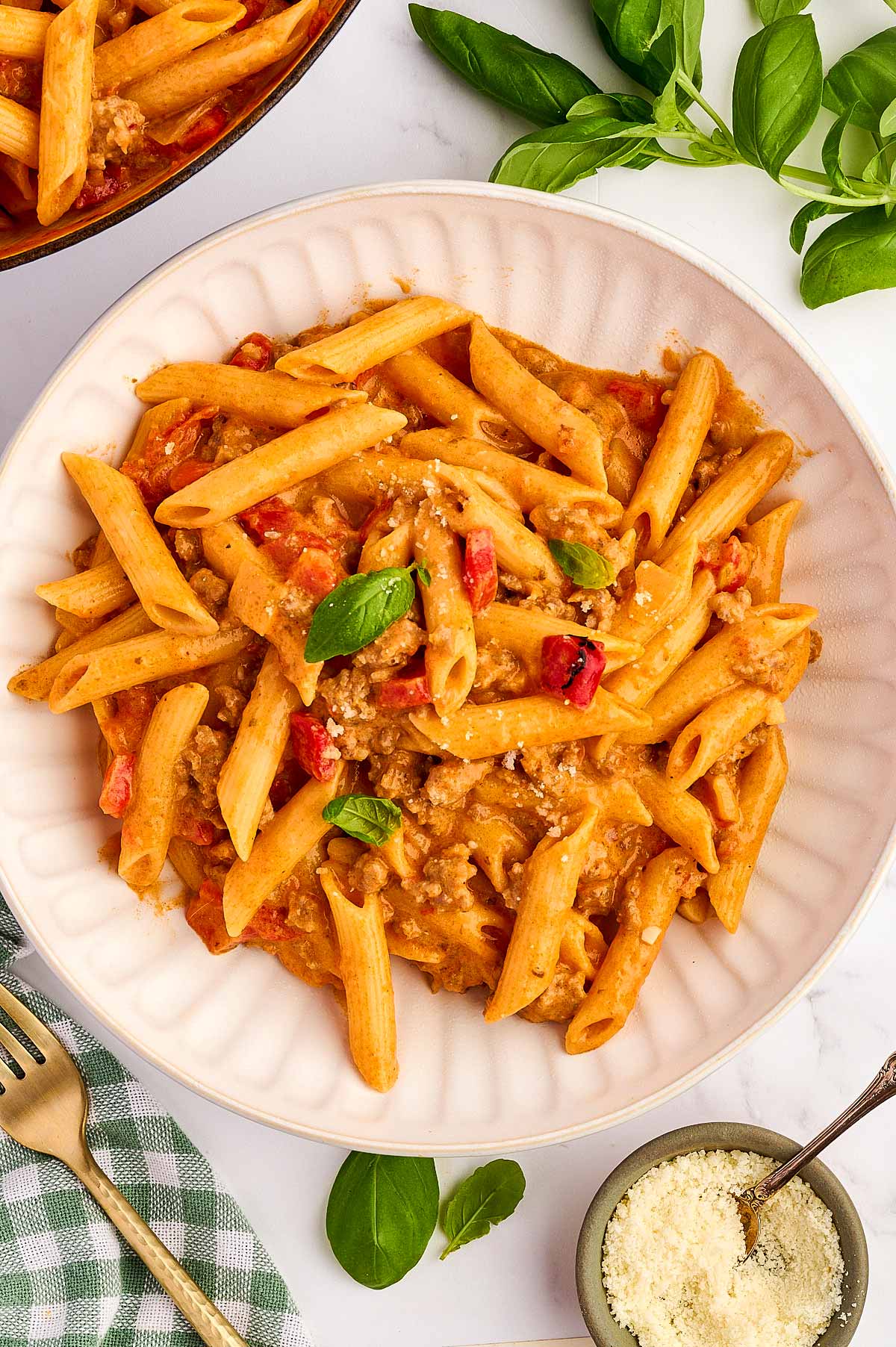Plate with Italian Sausage Pasta.