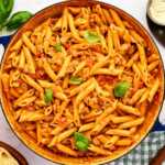 Skillet filled with Italian Sausage Pasta.