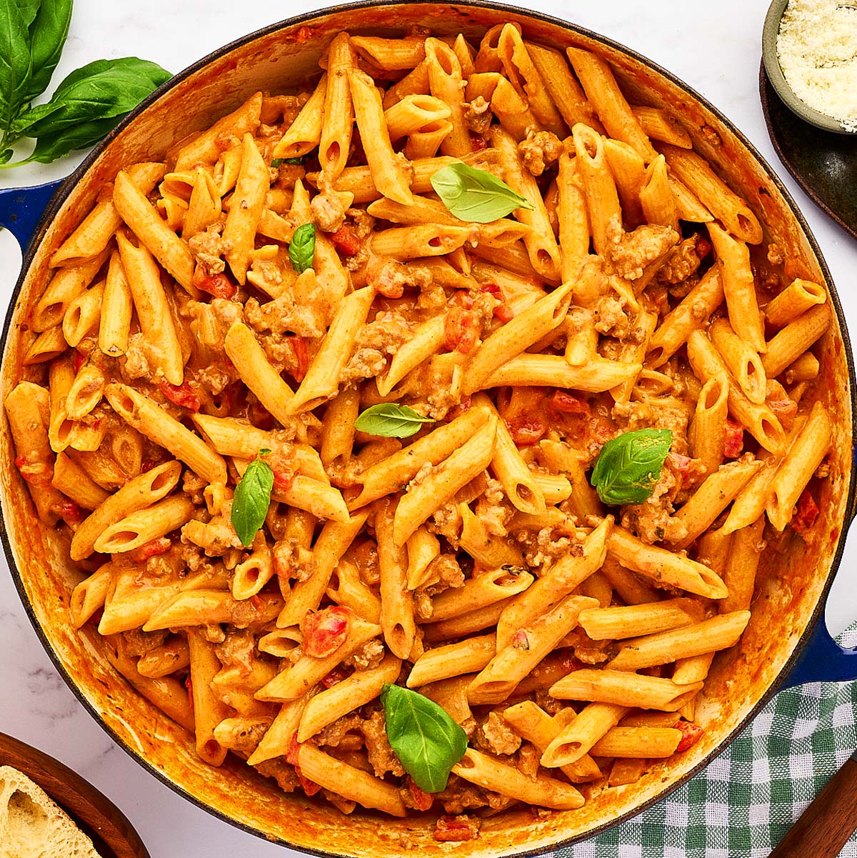 Skillet filled with Italian Sausage Pasta.