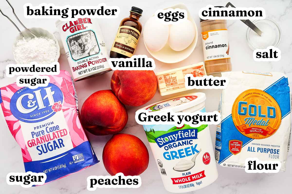 Ingredients for peach cake with text labels.