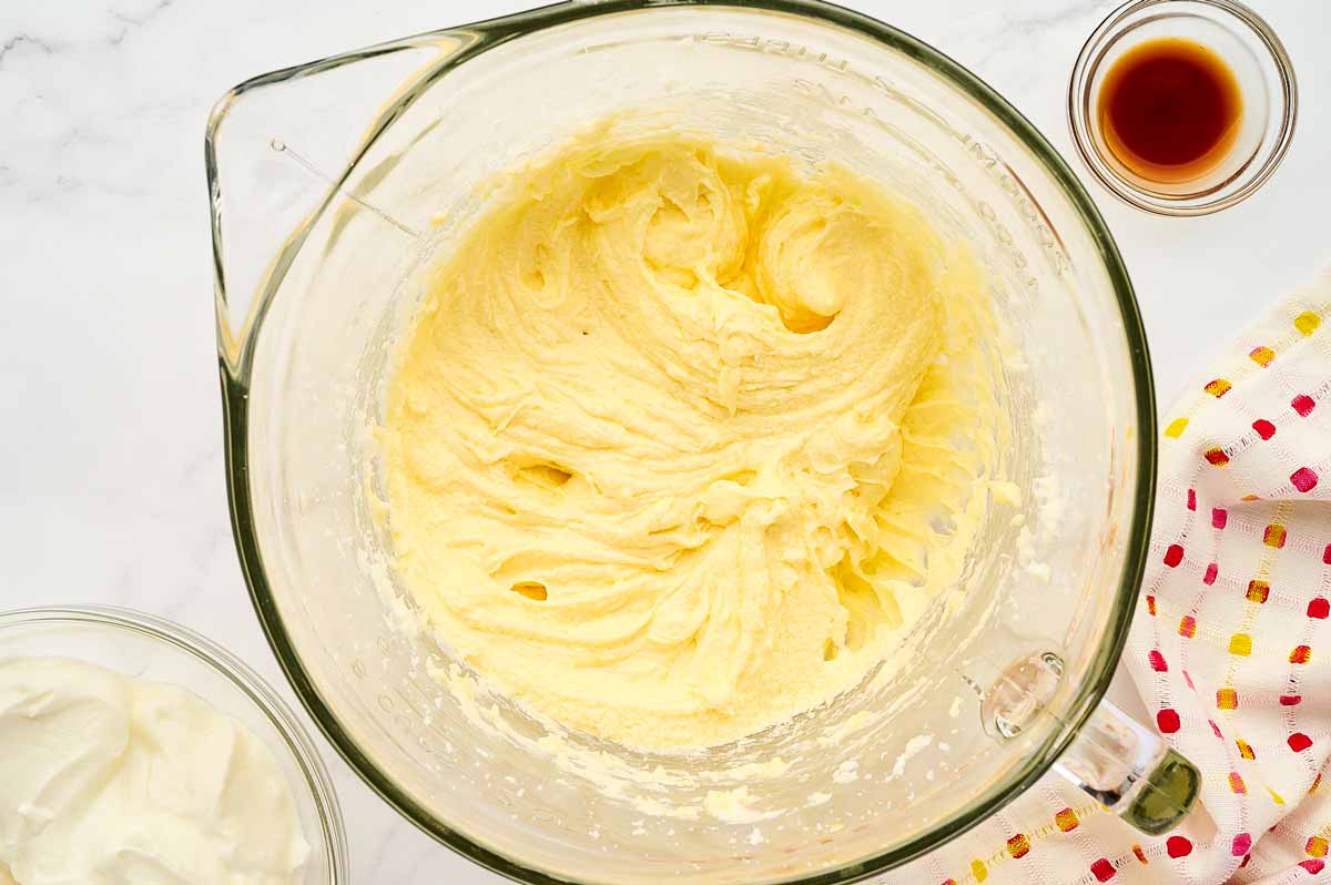 Creamed egg mixture in a glass bowl.