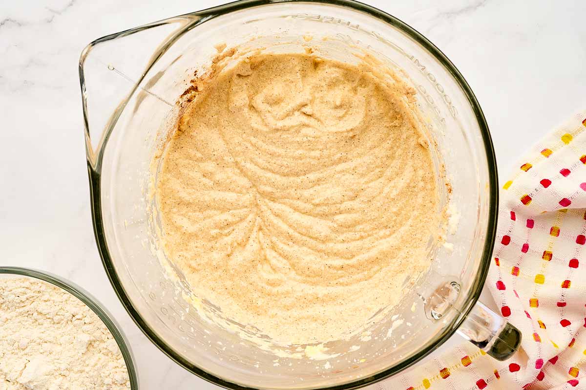 Creamed mixture in a glass bowl.