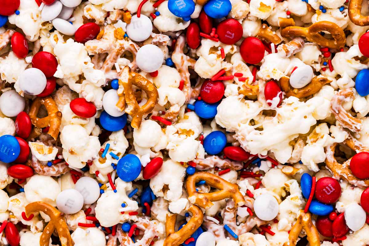 Close up photo of Red, White and Blue Popcorn.
