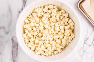 Popped popcorn in a white bowl.