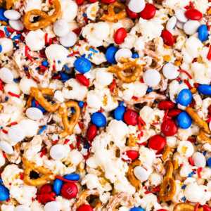 Close up photo of Red, White and Blue Popcorn.