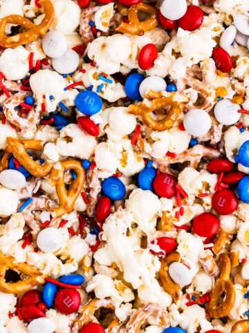 Close up photo of Red, White and Blue Popcorn.