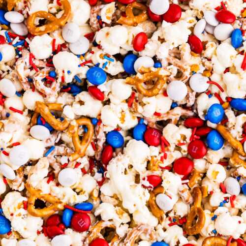 Close up photo of Red, White and Blue Popcorn.