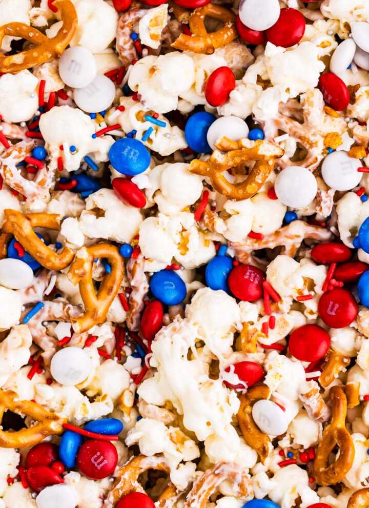 Close up photo of Red, White and Blue Popcorn.