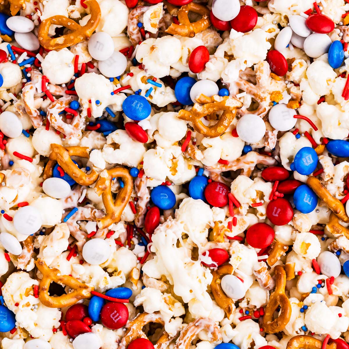 Close up photo of Red, White and Blue Popcorn.