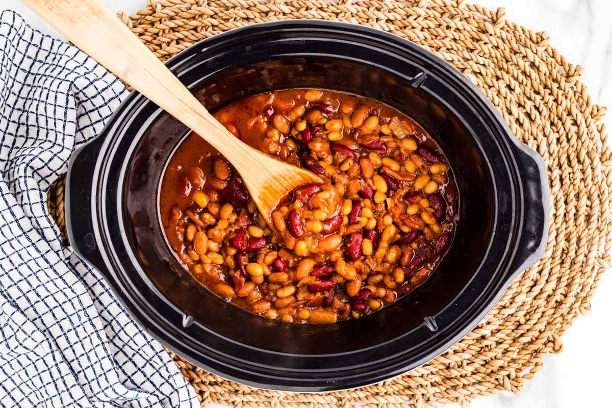 Baked beans in a crockpot.