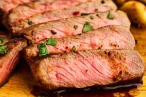 Close up of sliced steak.
