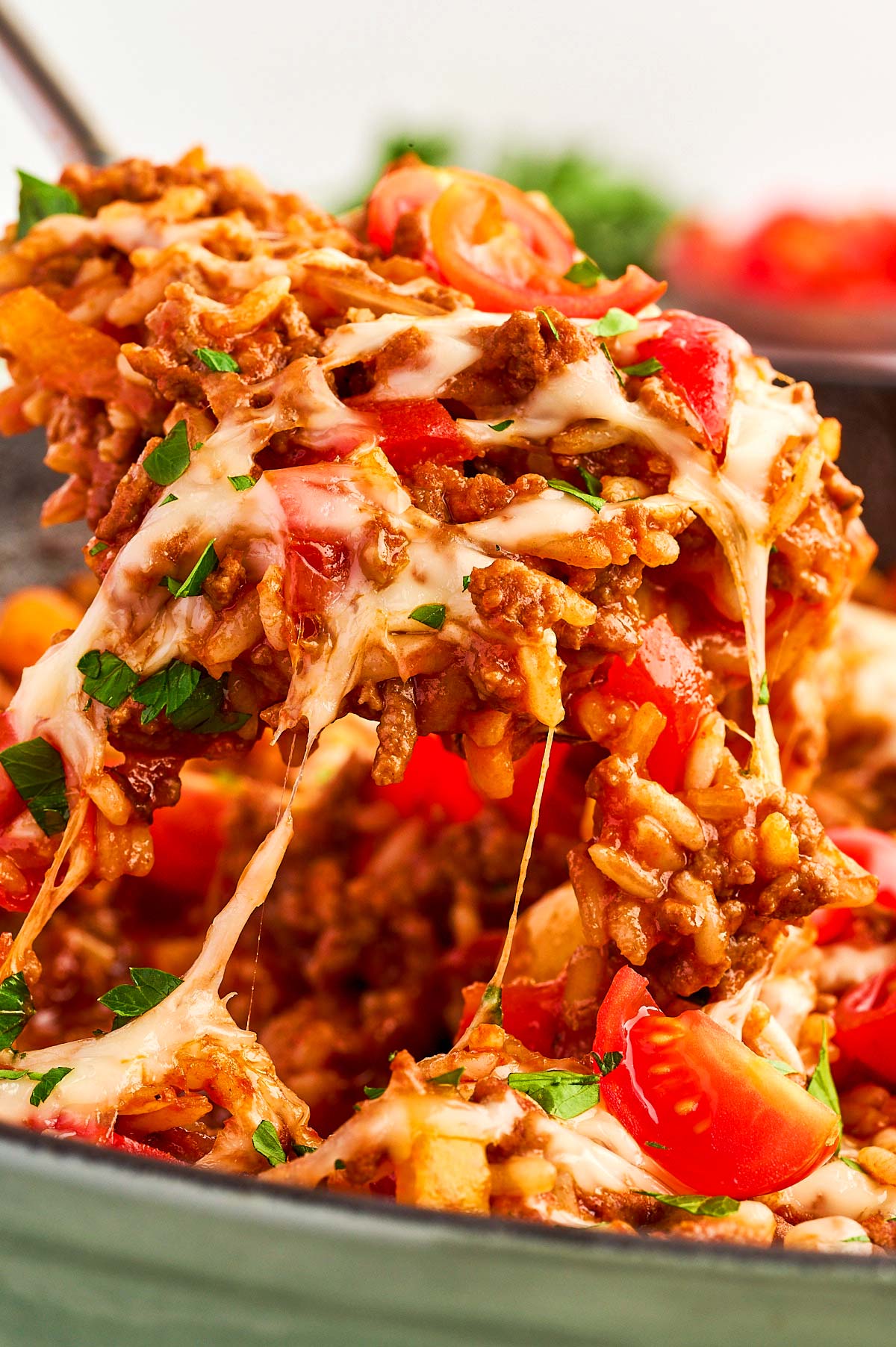 Cheesy scoop of unstuffed pepper skillet.