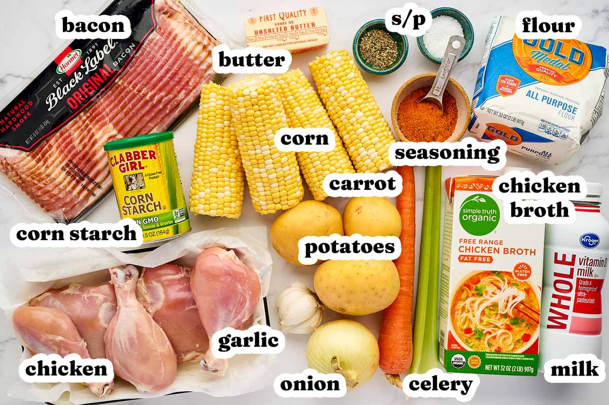 Ingredients for chicken and corn chowder with text labels.