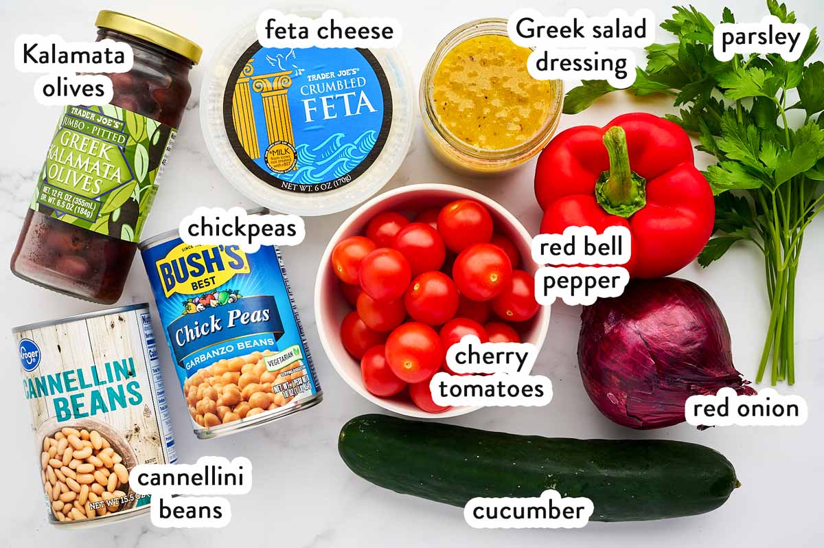 Ingredients for Greek Chickpea Salad with text labels.
