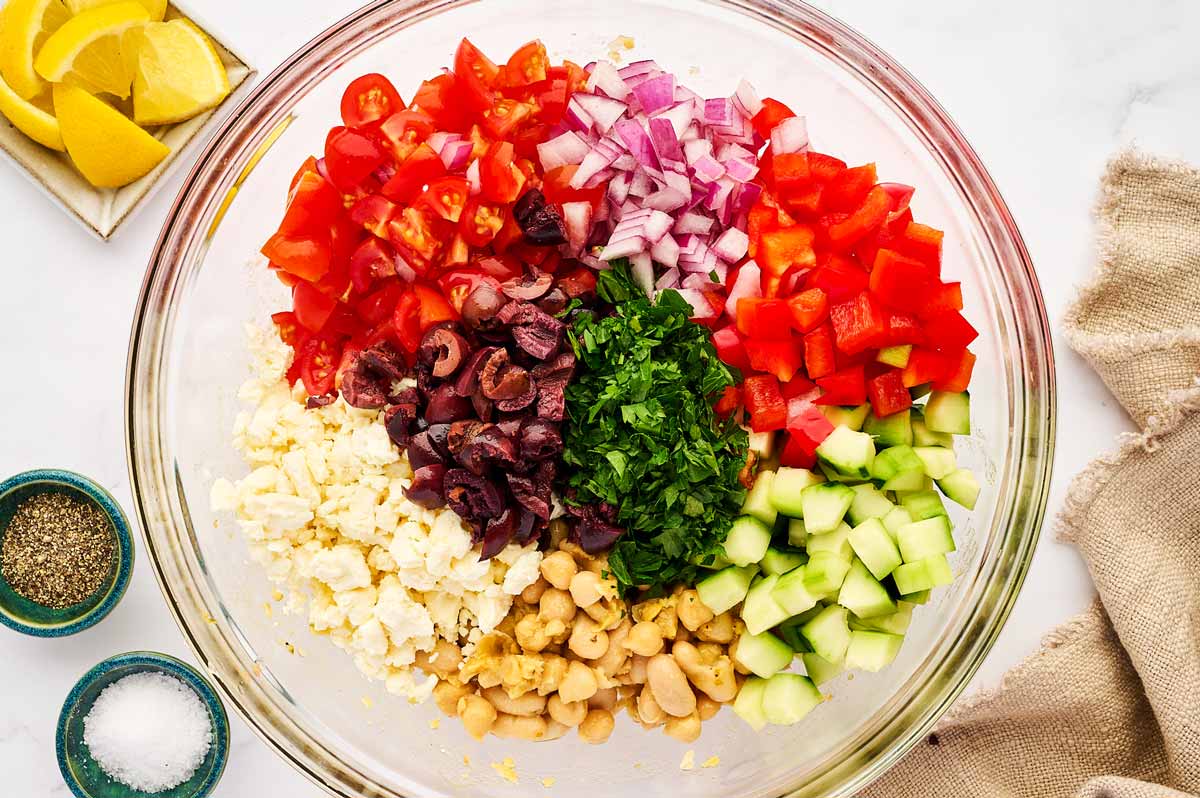 Chopped ingredients in a glass bowl.