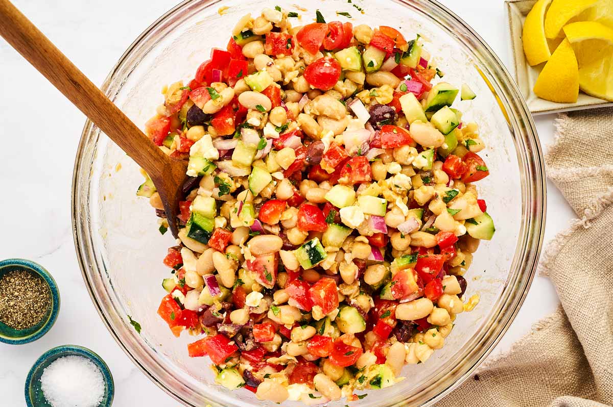 Chopped Greek Chickpea Salad in a glass bowl.