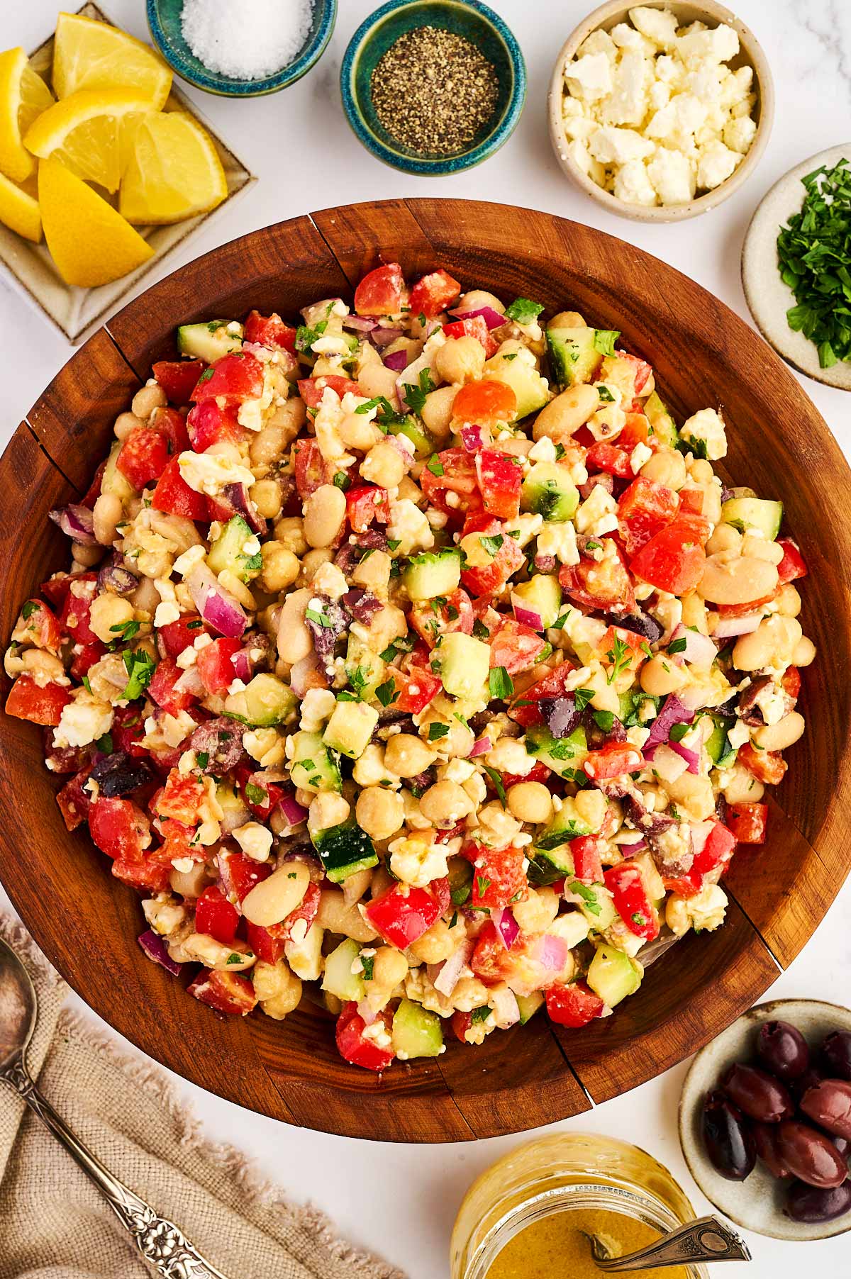 Bowl with greek chickpea salad.