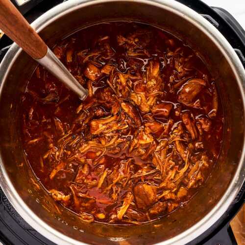 Instant pot overhead shot full of pulled pork.