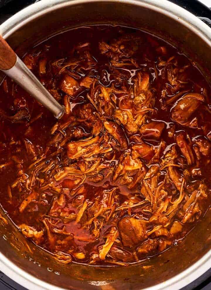 Instant pot overhead shot full of pulled pork.