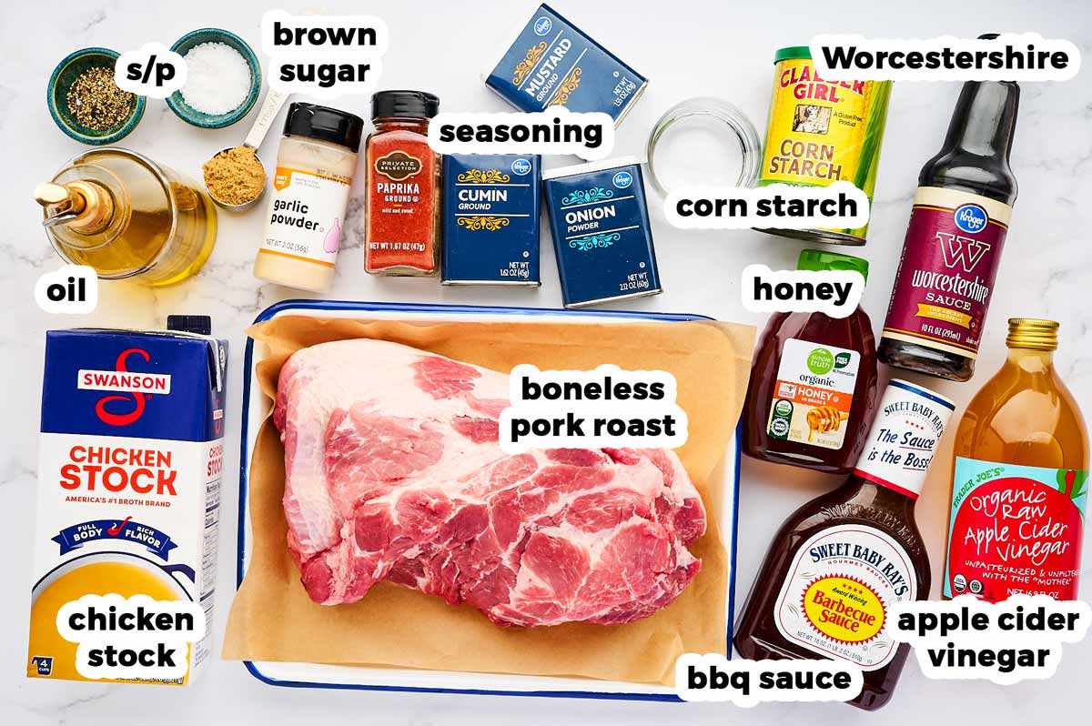 Ingredients to make Instant Pot Pulled Pork with text labels.