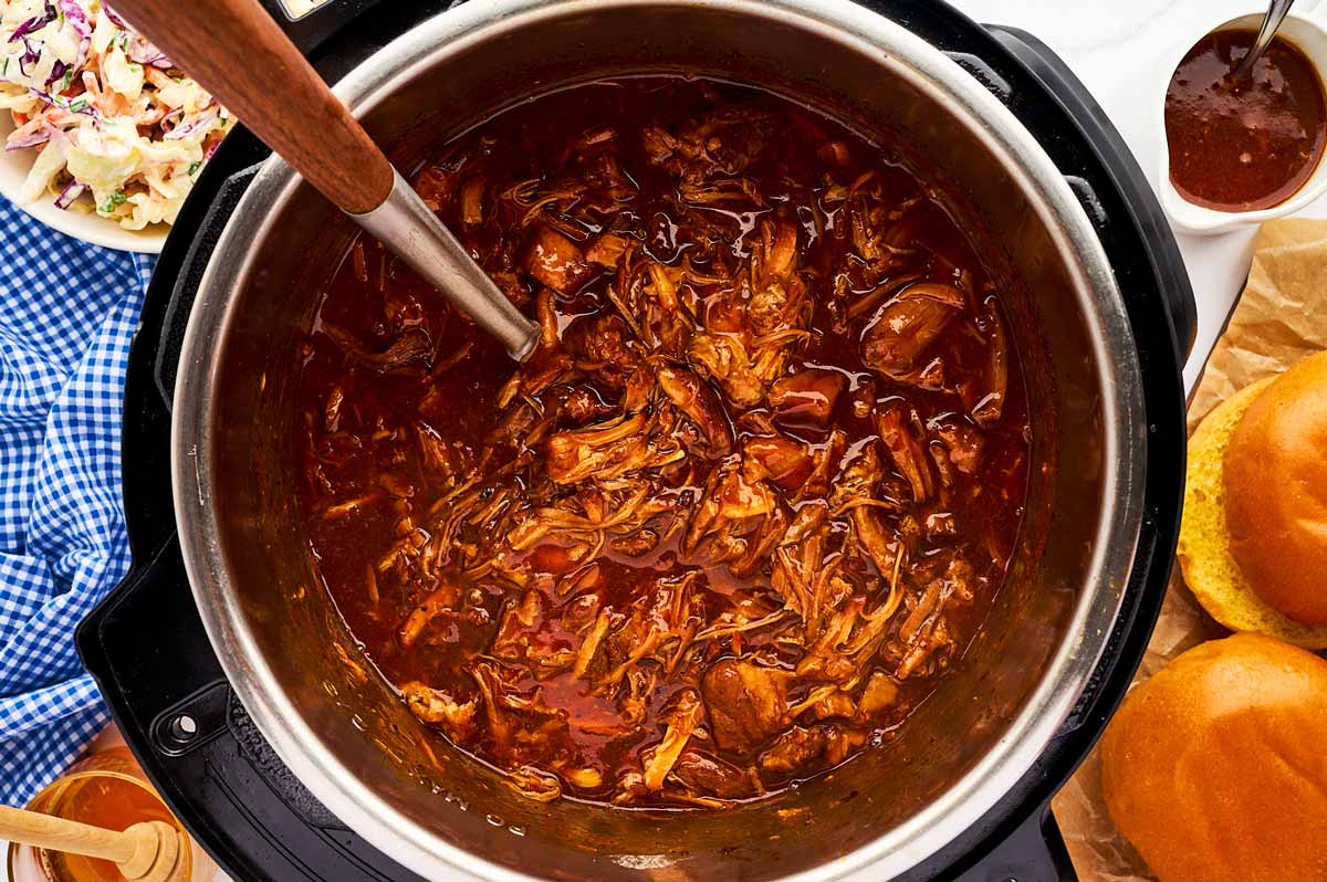 Instant pot overhead shot full of pulled pork.