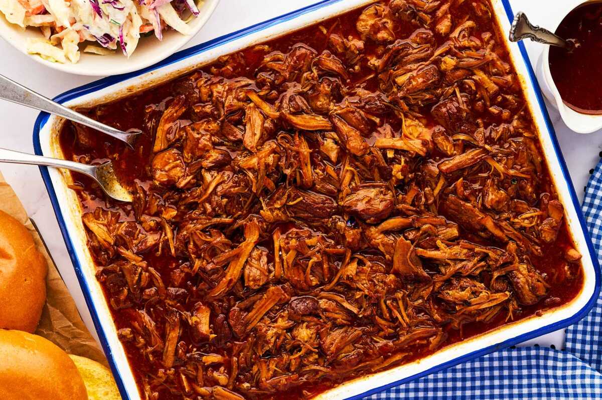 Casserole dish filled with bbq pulled pork.