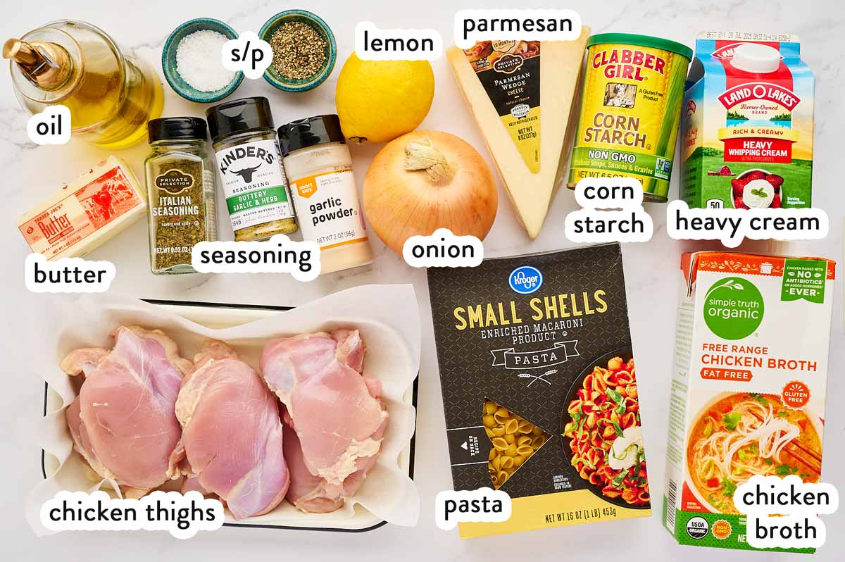 Ingredients for Chicken Thighs and Pasta with text labels.