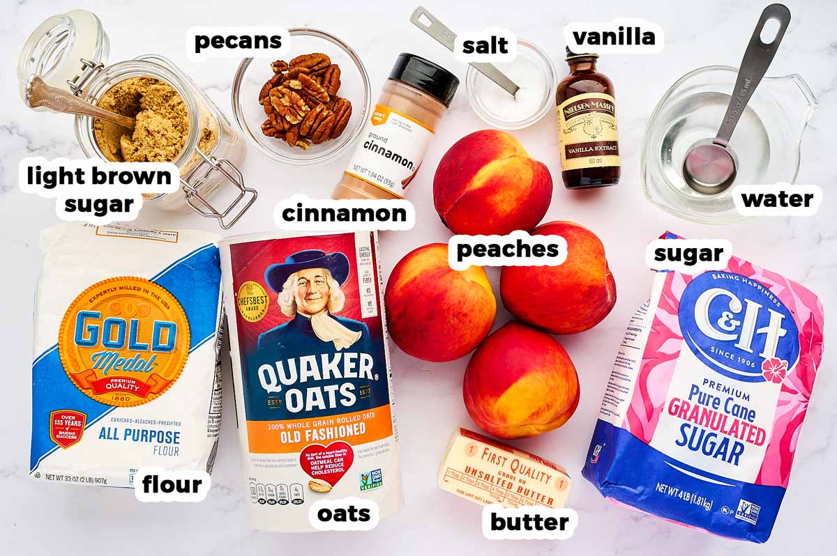 Ingredients for peach crisp with text labels.