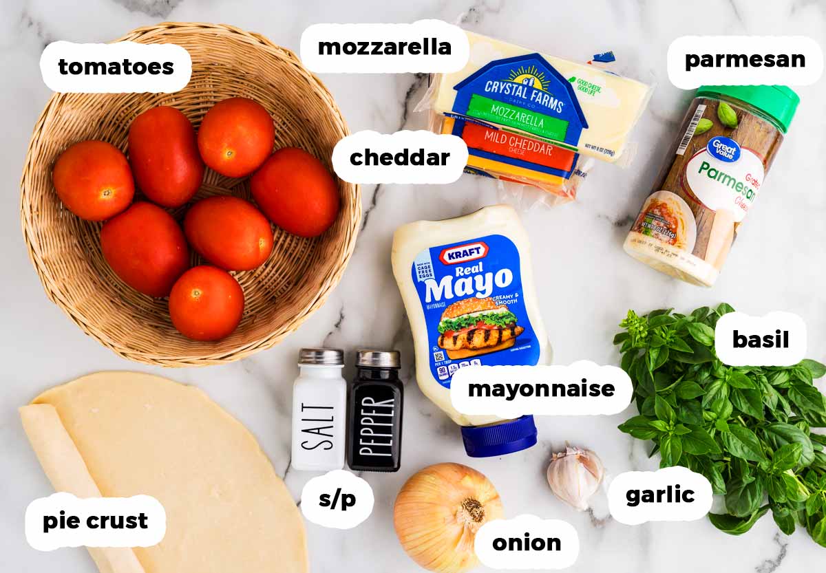 Ingredients for tomato pie with text labels.