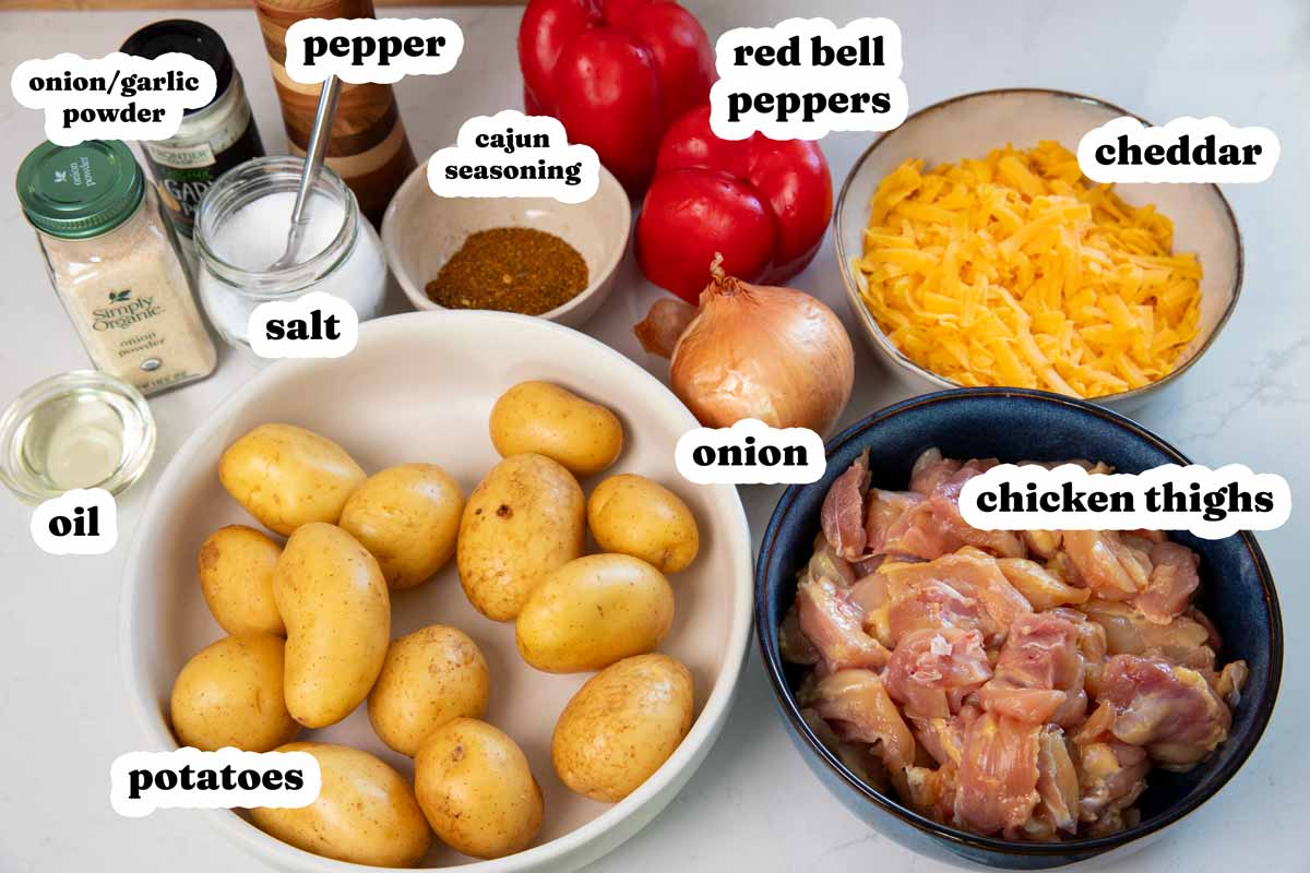 Ingredients to make Cajun Chicken and Potatoes with text labels.