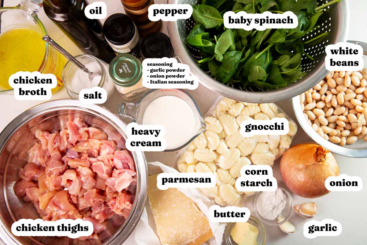 Ingredients for Garlic Parmesan Chicken Gnocchi with text labels.