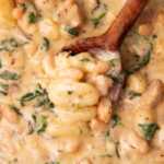 Close up photo of a wooden spoon scooping up creamy chicken and gnocchi.