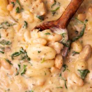 Close up photo of a wooden spoon scooping up creamy chicken and gnocchi.