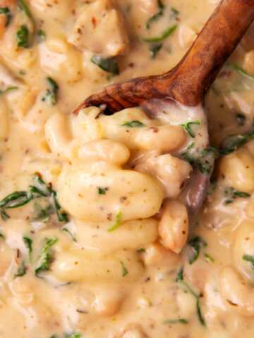 Close up photo of a wooden spoon scooping up creamy chicken and gnocchi.