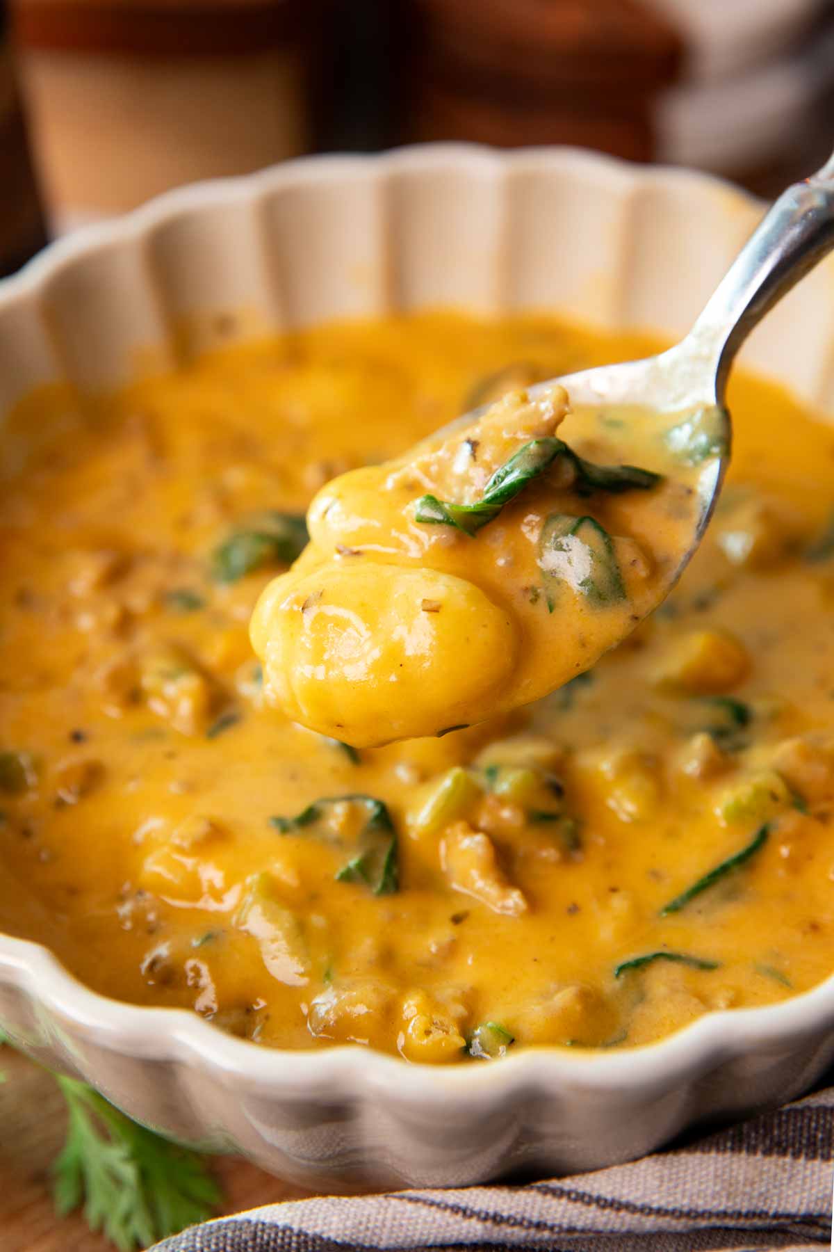 Spoon with Sausage Gnocchi Soup.