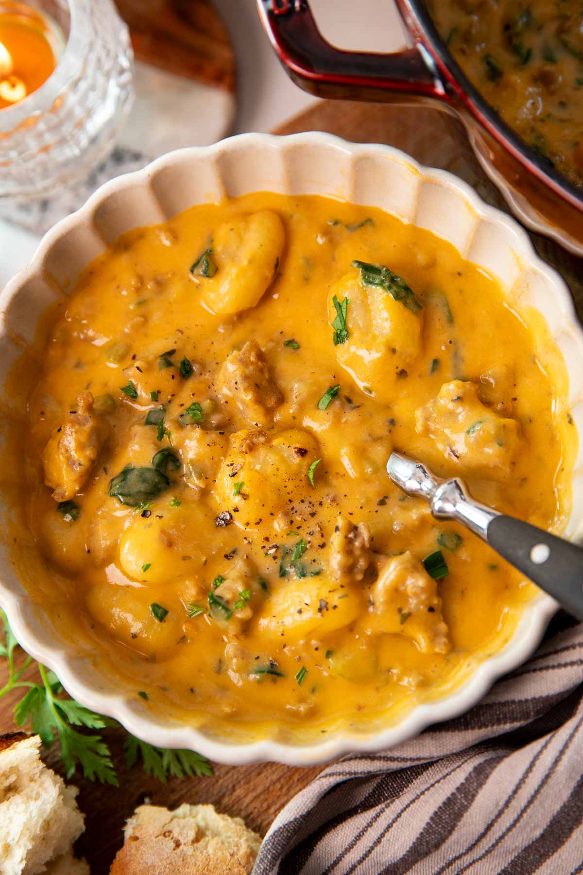Bowl filled with Sausage Gnocchi Soup.