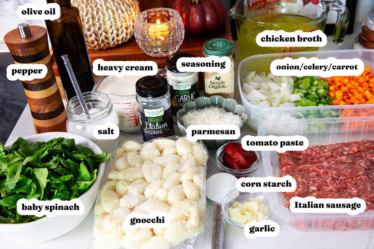 Ingredients for Sausage Gnocchi Soup with text labels.