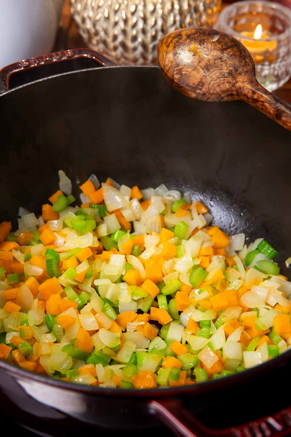 Sautéed vegetables in a cast iron pot.