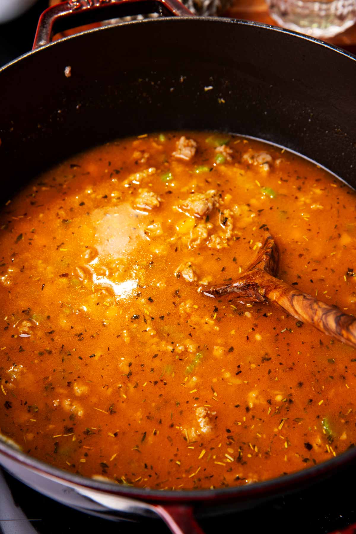 Soup in a cast iron pot.