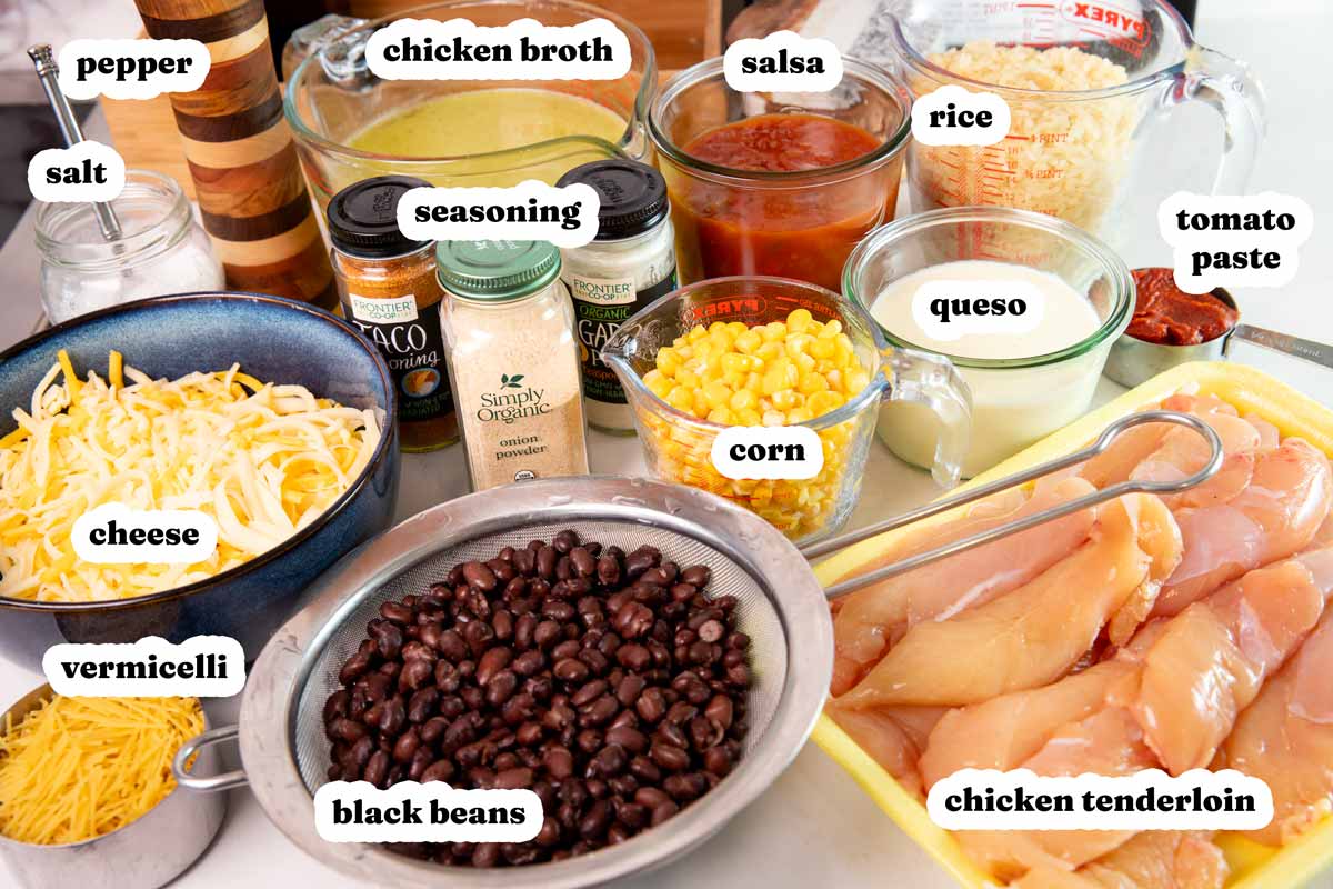Ingredients for Swim Queso Chicken with text labels.