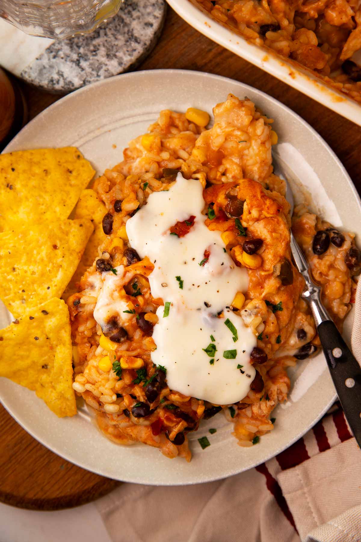 Overhead view of swim queso chicken on a plate.