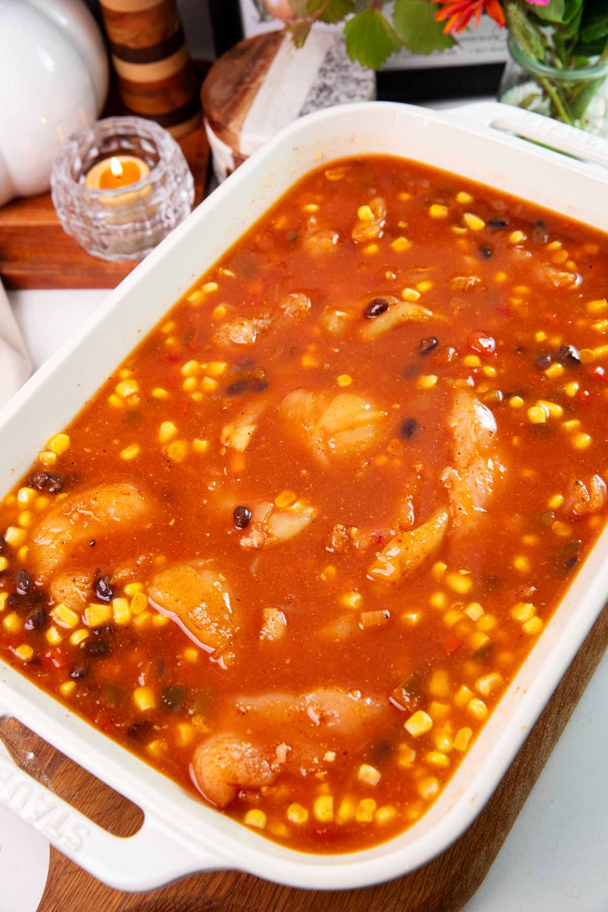 Unbaked chicken and rice casserole.