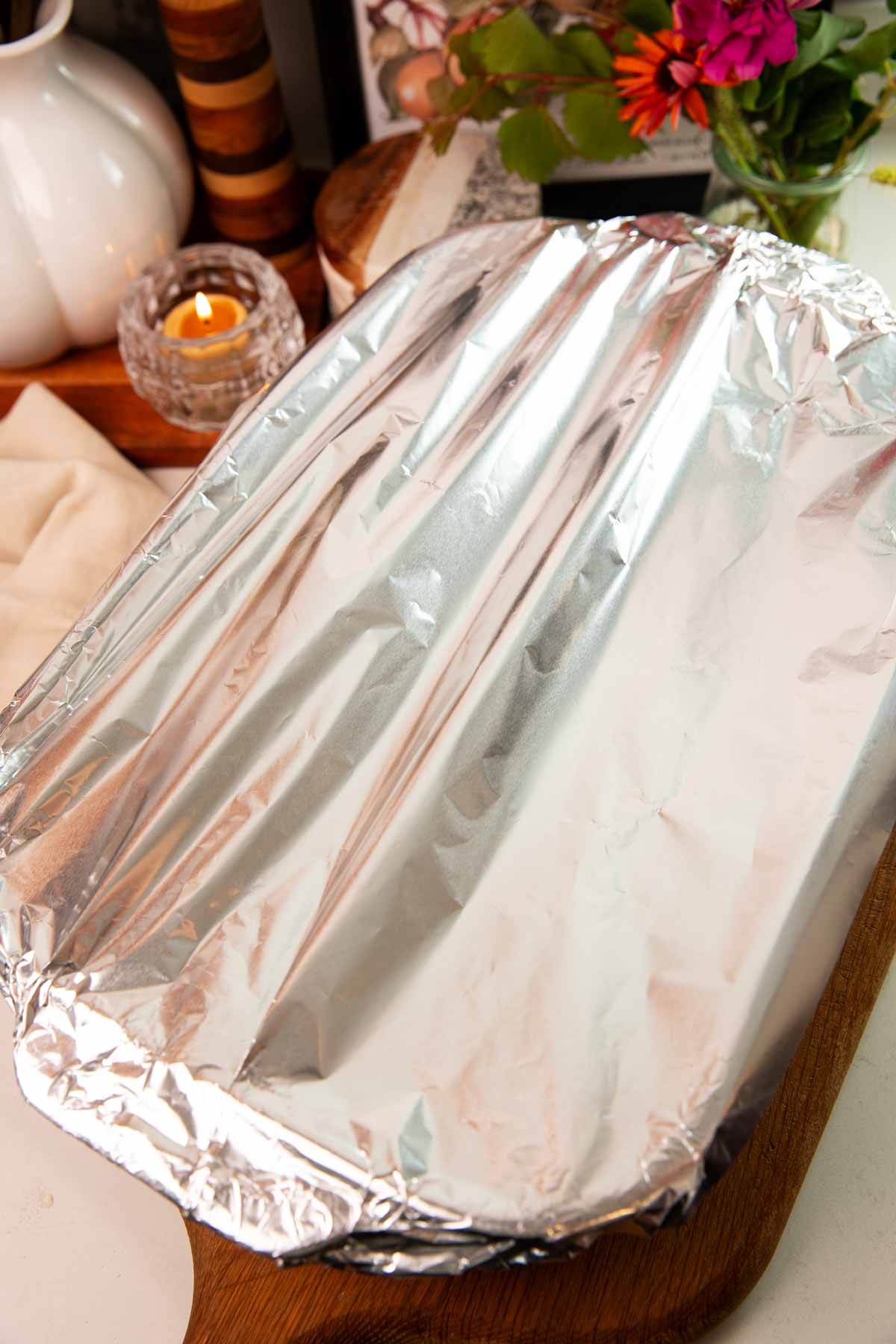 Casserole dish covered with foil.