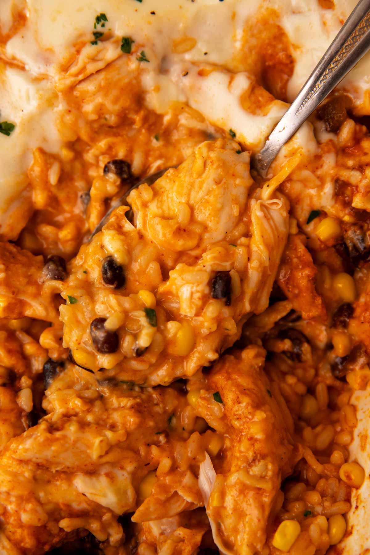 Overhead view of a spoon in a chicken and rice casserole.