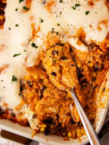 Overhead view of a swim queso chicken and rice casserole.