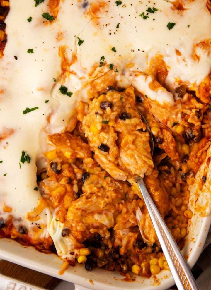 Overhead view of a swim queso chicken and rice casserole.