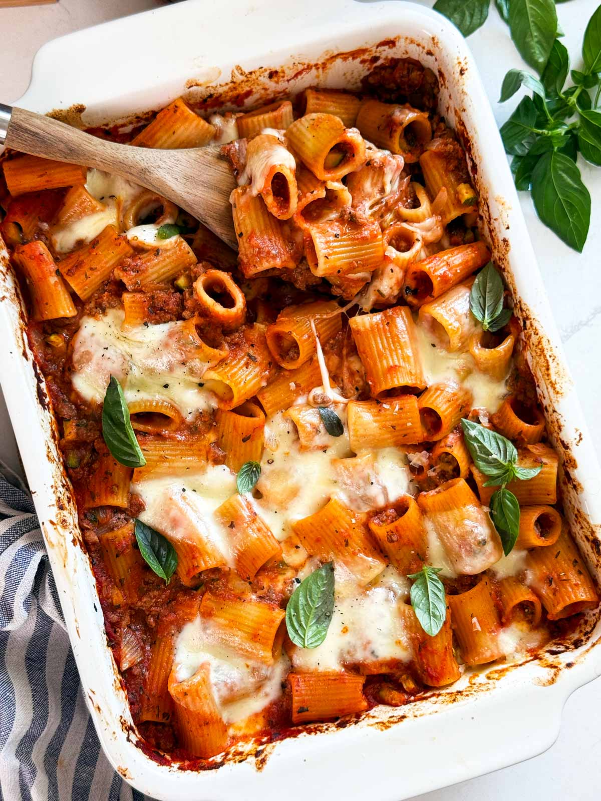 Overhead view of zucchini and ground beef pasta casserole.