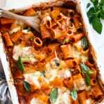 Overhead view of zucchini and ground beef pasta casserole.