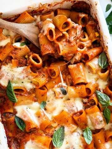 Overhead view of zucchini and ground beef pasta casserole.